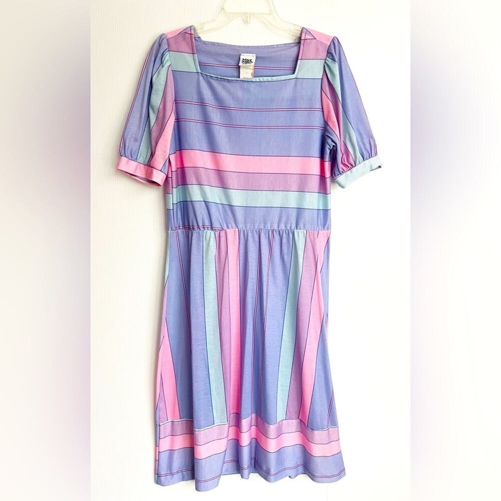 Vintage Pastel Striped Square-Neck Dress in Lavender, Pink, Mint